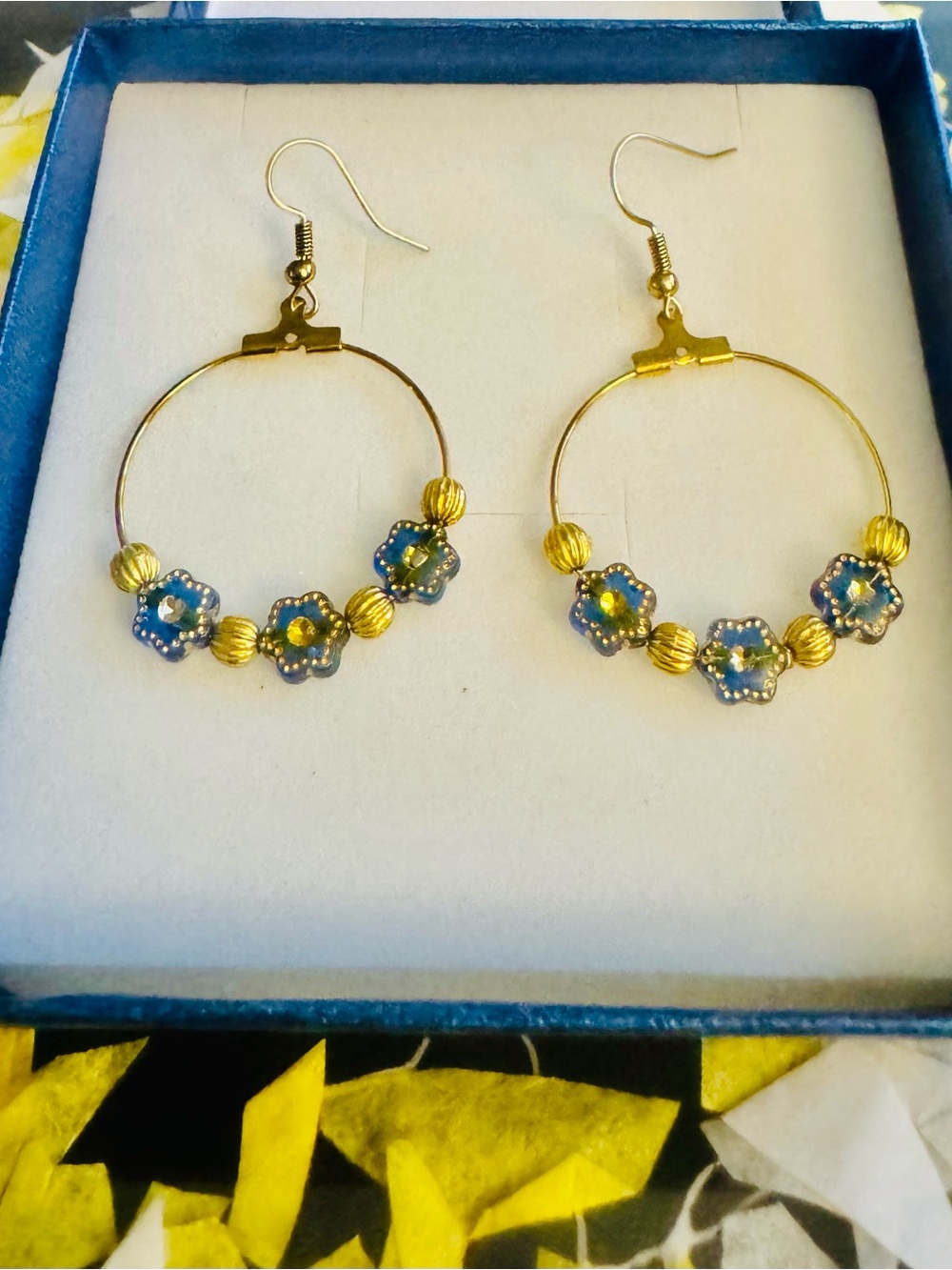 Gold Hoop Earrings with Blue Floral Accents